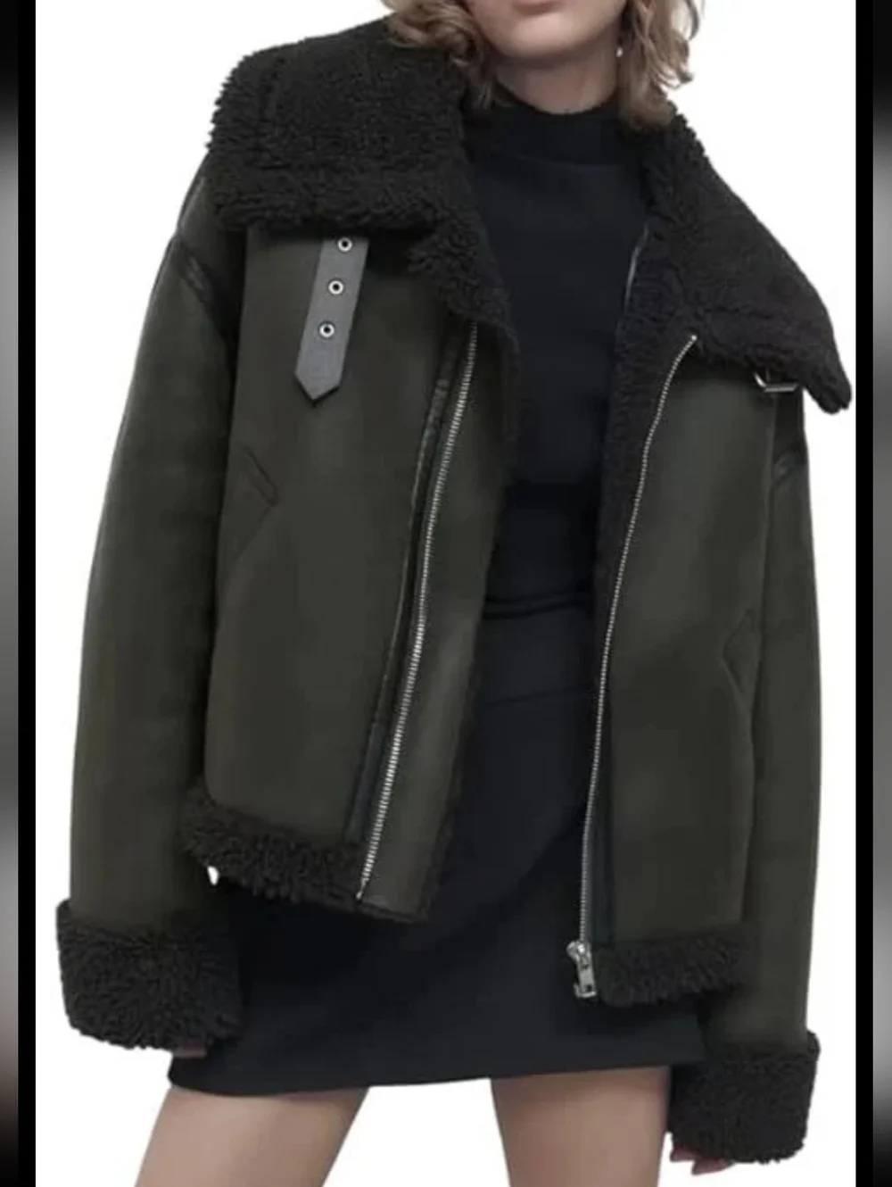 Faux Shearling Bomber Jacket Black Sz M